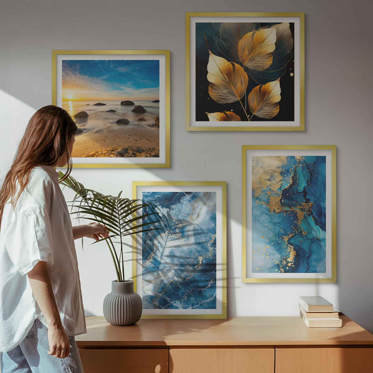 WANDBILDER 4er Set - 50x50 cm & 40x60 cm Goldrahmen - Bilder mit blau-goldenen Mustern - Goldfarben, Kunststoff (50/50cm) - ArtPrintCave