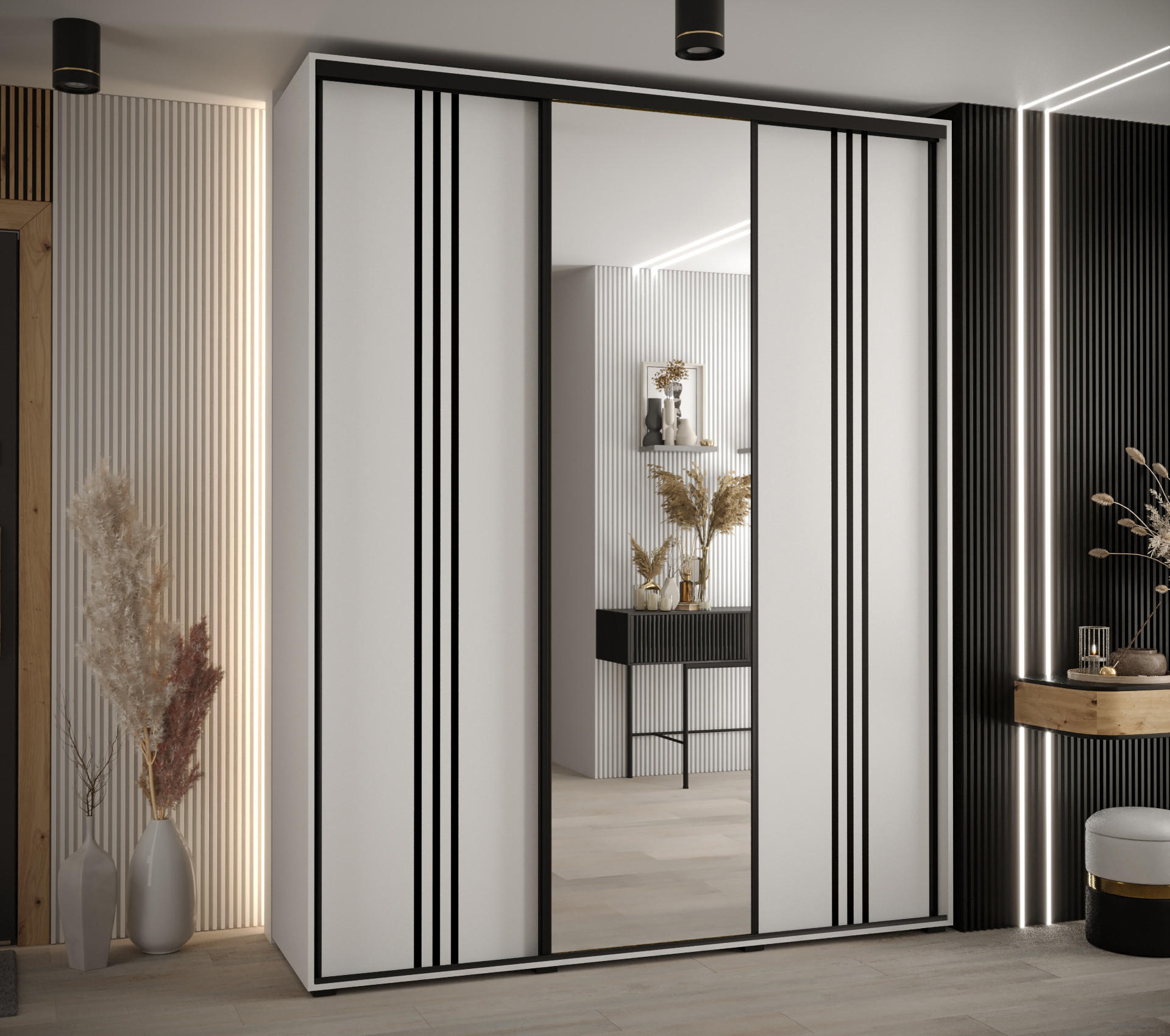 SCHWEBETÜRENSCHRANK 235,2/200/60 3-türig - Schwarz/Weiß, Holz/Metall (200/235/60cm) - Abiks Möbel