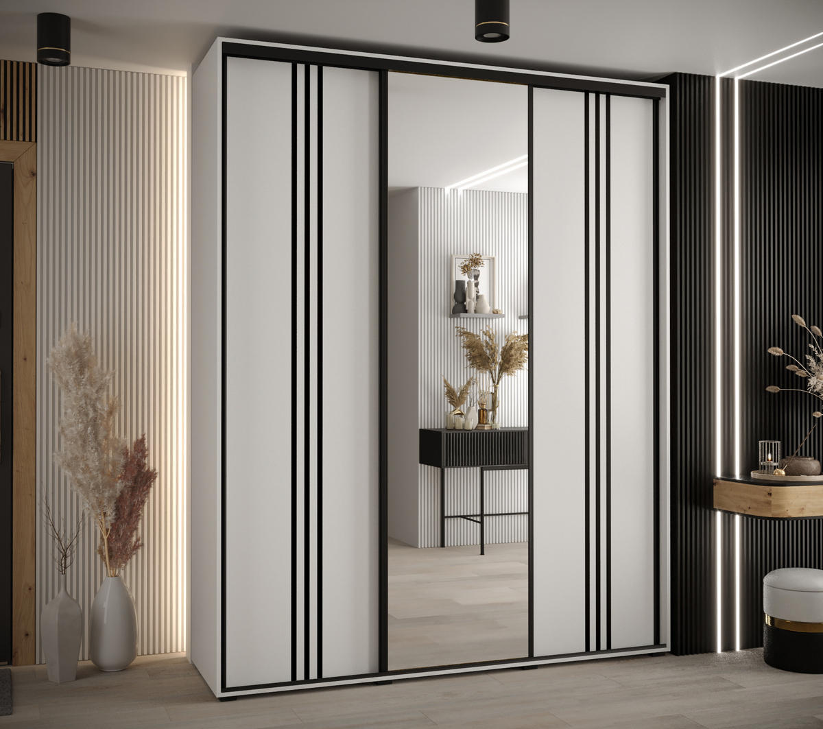 SCHWEBETÜRENSCHRANK 235,2/200/60 3-türig - Schwarz/Weiß, Holz/Metall (200/235/60cm) - Abiks Möbel