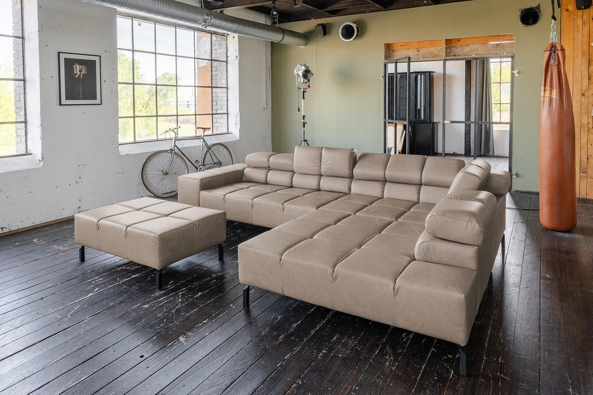 ECKSOFA NELSON Grau Leder - Schwarz/Grau, Leder/Metall (321/216cm) - KAWOLA