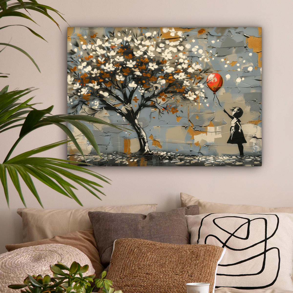 LEINWANDBILD Baum - Graffiti - Banksy-Stil - Ballon-Mädchen Wandbilder 80x60 cm - Blaugrau, Textil (80/60cm) - MuchoWow
