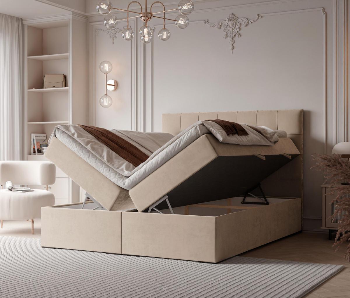 BOXBETT IMPERIAL 160/200 cm, in Hellbeige, mit Matratze und Topper - Sandfarben, Holzwerkstoff/Textil (160/200cm) - Idohome