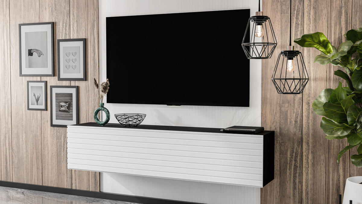 LOWBOARD ZIVOLLI 160 Schwarz, Weiße Lamellen 160/34/40 cm – TV-Hängeschrank mit Lamellenfront - Schwarz/Weiß, Holzwerkstoff/Kunststoff (160/34/40cm) - AX Living