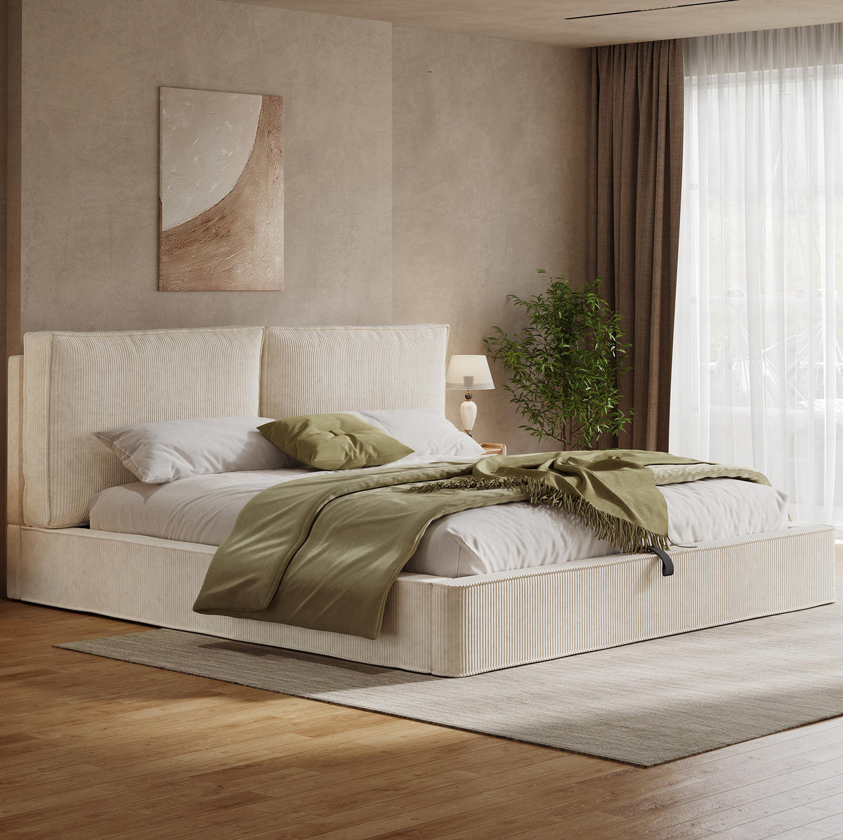 POLSTERBETT 180/200 cm Beige aus Cord mit Stauraum - Beige, Textil (180/200cm) - OKMYHOME