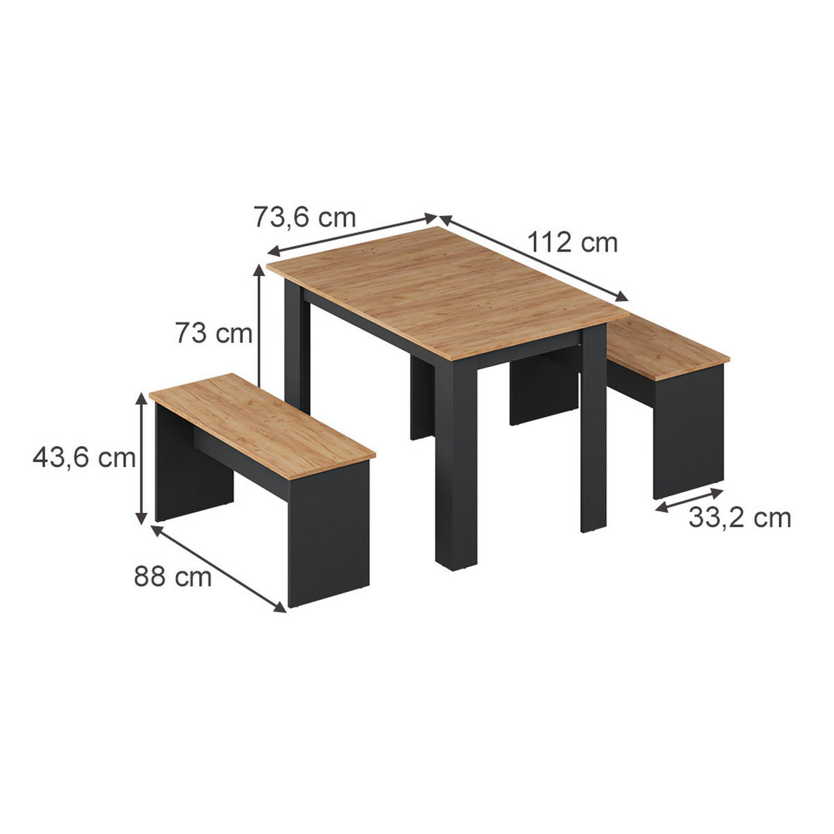 ESSTISCH SET Sentio Anthrazit/Goldkraft Eiche 112 x 73.6 cm mit 2 Bänken - Anthrazit, Holzwerkstoff (112/73/73.6cm) - Vicco