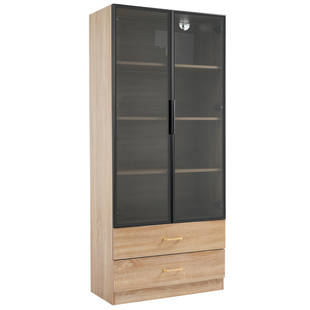 BADSCHRANK in Braun Highboard mit LED-Lichtleiste Glastür 2 große Schubladen 2 Türen , B75/T34.5/H170cm - Braun, Glas/Holzwerkstoff (75/170/34.5cm) - STILVORA