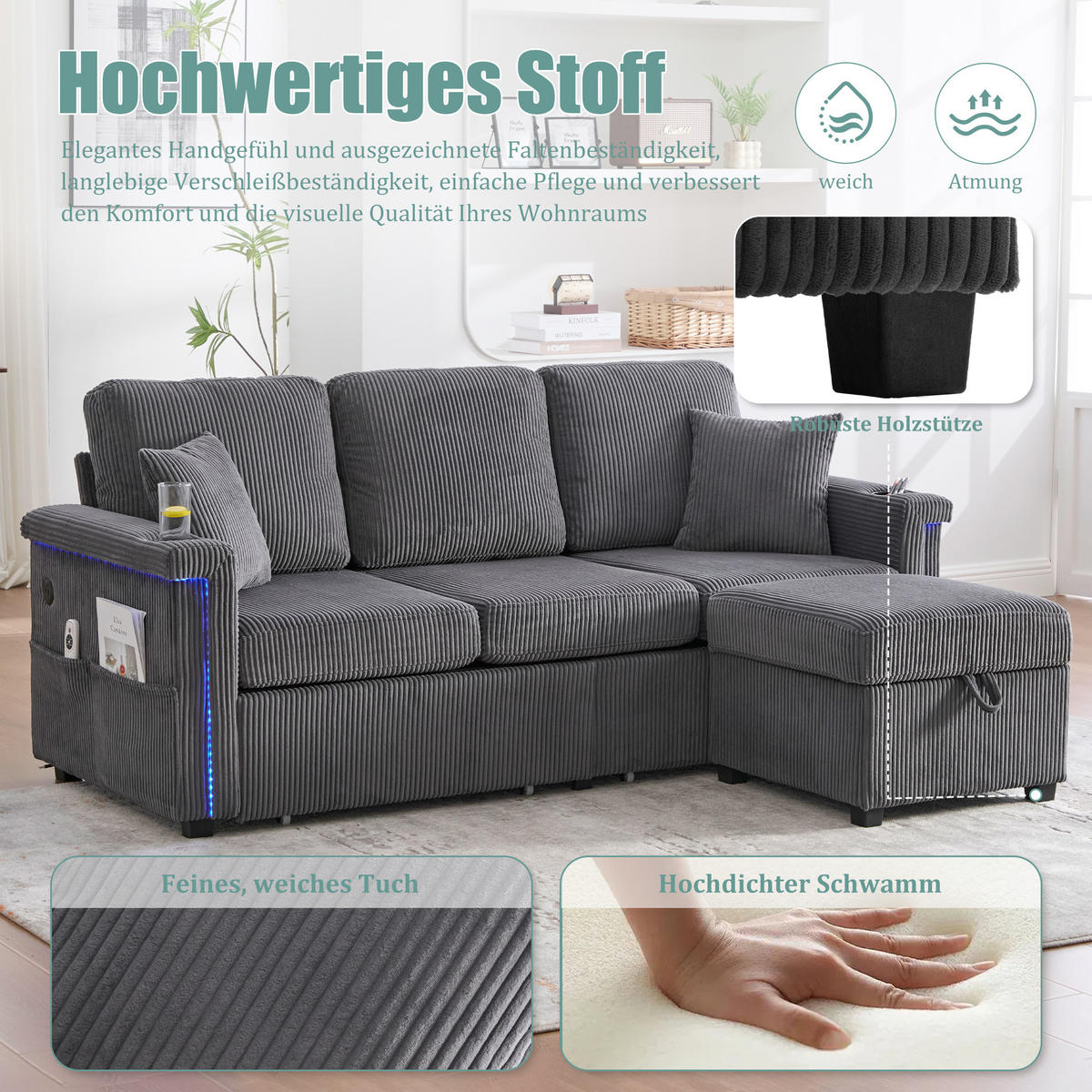 SOFA Corduroy mit LED und USB-Anschluss Stauraum 194/73/81 cm Dunkelgrau - Dunkelgrau, Textil (73/194cm) - Redom