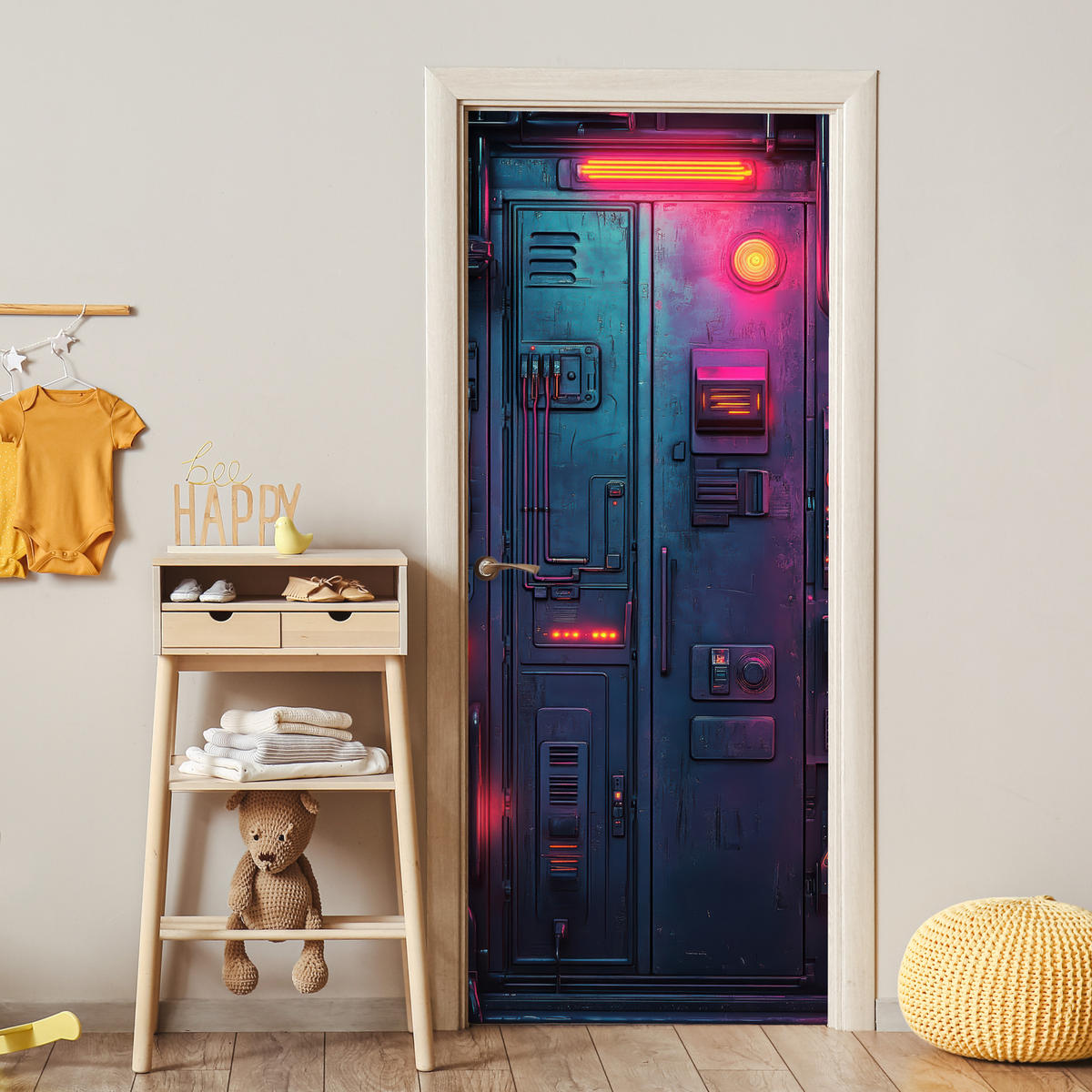 FOTOTAPETE Tür - Tür - Futuristisch - Blau - Rosa - Neon 95x215 cm - Anthrazit, Kunststoff (95/0.1cm) - MuchoWow