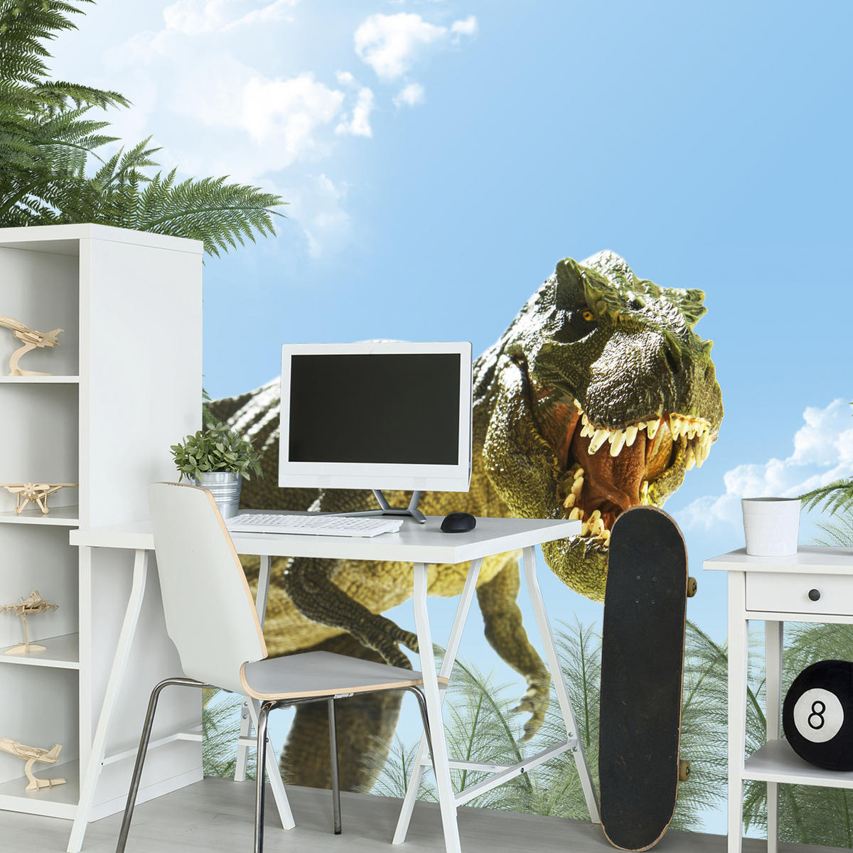 FOTOTAPETE für Jugendzimmer Riesen Dinosaurier Tropenwald Pflanzen 450x315 - Blau/Braun, Papier (450/315cm) - Muralo