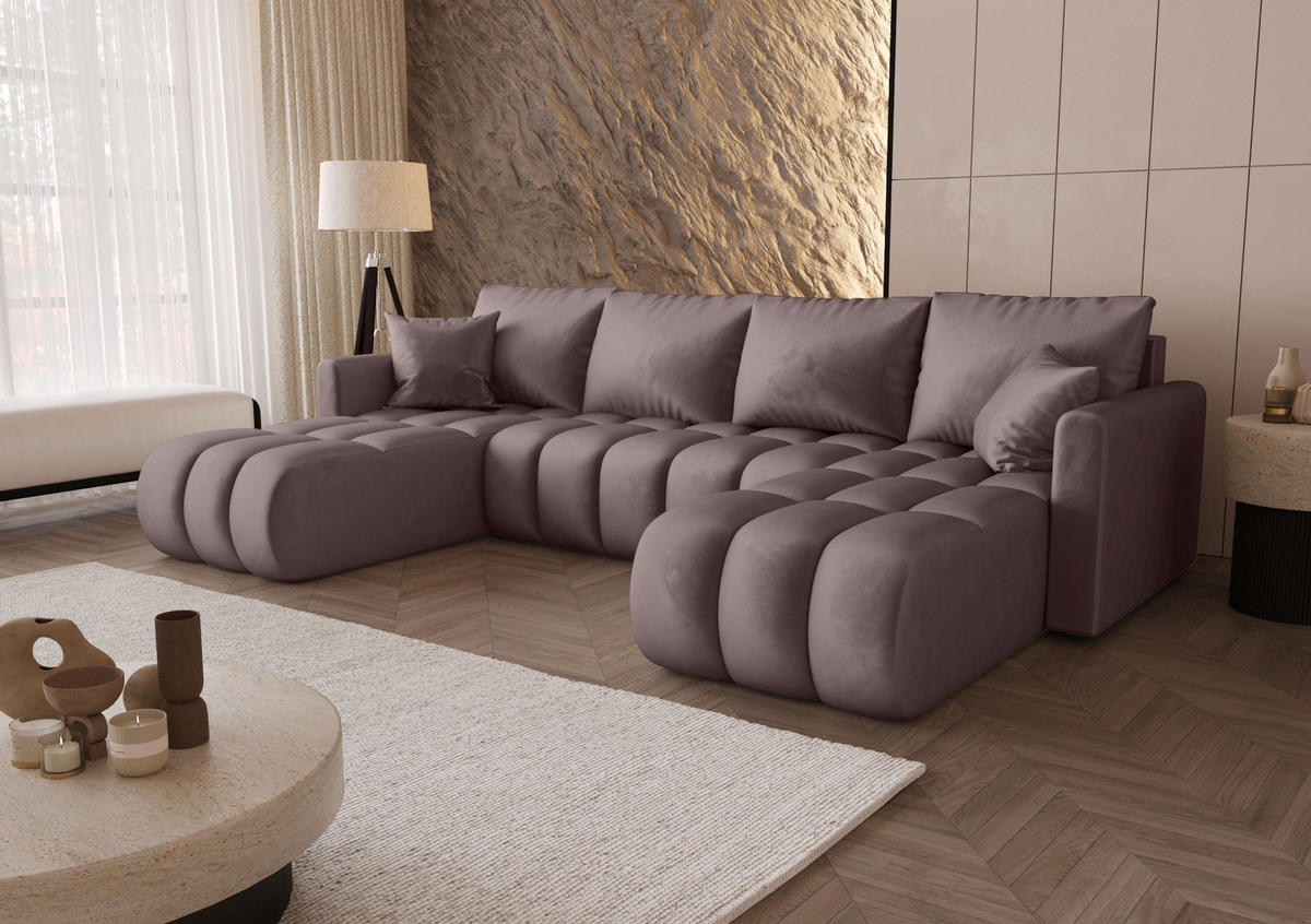 WOHNLANDSCHAFT GARDA U-Form dunkelrosa Velours Monolith 62 - Schlaffunktion, Bettkasten - Pink, Textil (305/88/150cm) - Cornero