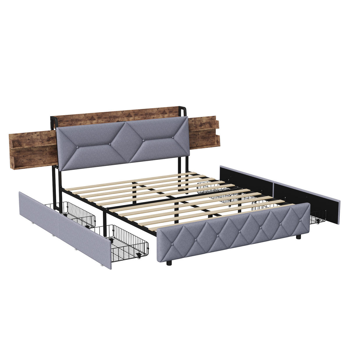 POLSTERBETT 140x200cm Grau Mit 4 Schubladen, USB & Type-C Anschlüsse - Grau, Holz (140/200cm)