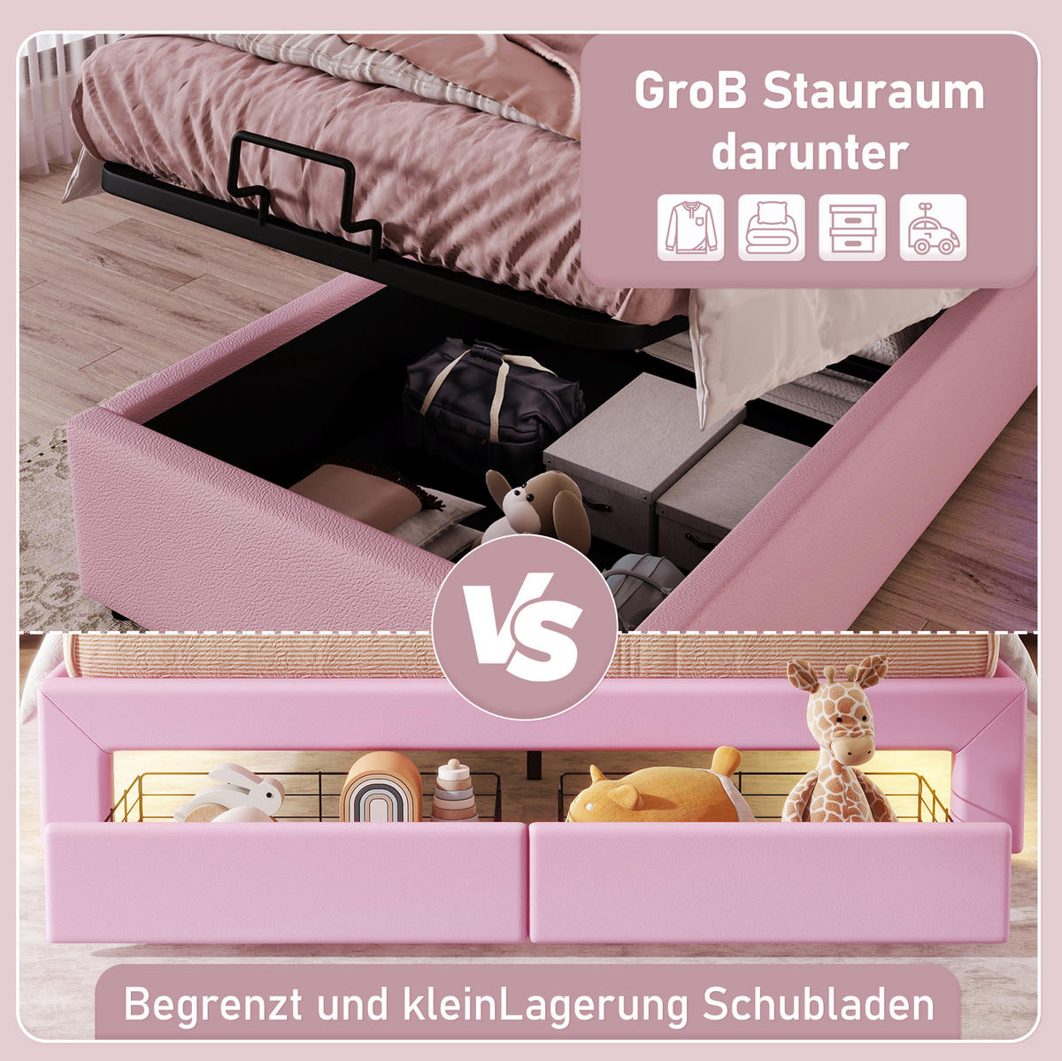 POLSTERBETT 90/200 cm Rosa aus PU mit Lattenrost - Rosa, Kunststoff (90/200cm) - OKMYHOME