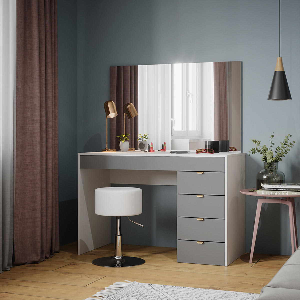 SCHMINKTISCH Elise Weiß/Grau/Grau 115 cm mit Hocker - Weiß/Grau, Holzwerkstoff (115/76/55cm) - Vicco