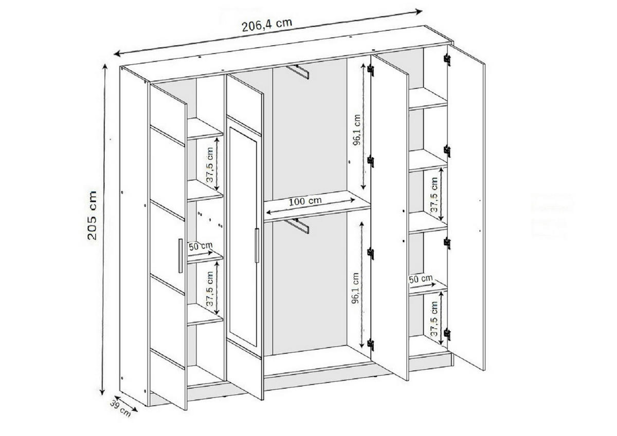 KLEIDERSCHRANK EDEN 4-Türen v4 - 206,4x205x39 cm- Weiß und Schwarz - Schwarz/Weiß, Holzwerkstoff (206.4/205/39cm) - Kier Furniture
