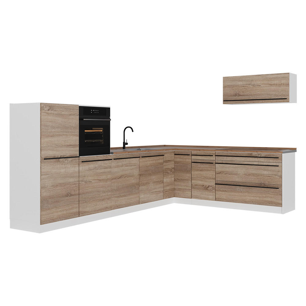 ROHOVÁ KUCHYŇA R-Line, Sonoma/biely, 327 x cm Goldkraft tammi työtaso - biela/dub sonoma, kompozitné drevo (327/143/60cm) - Vicco
