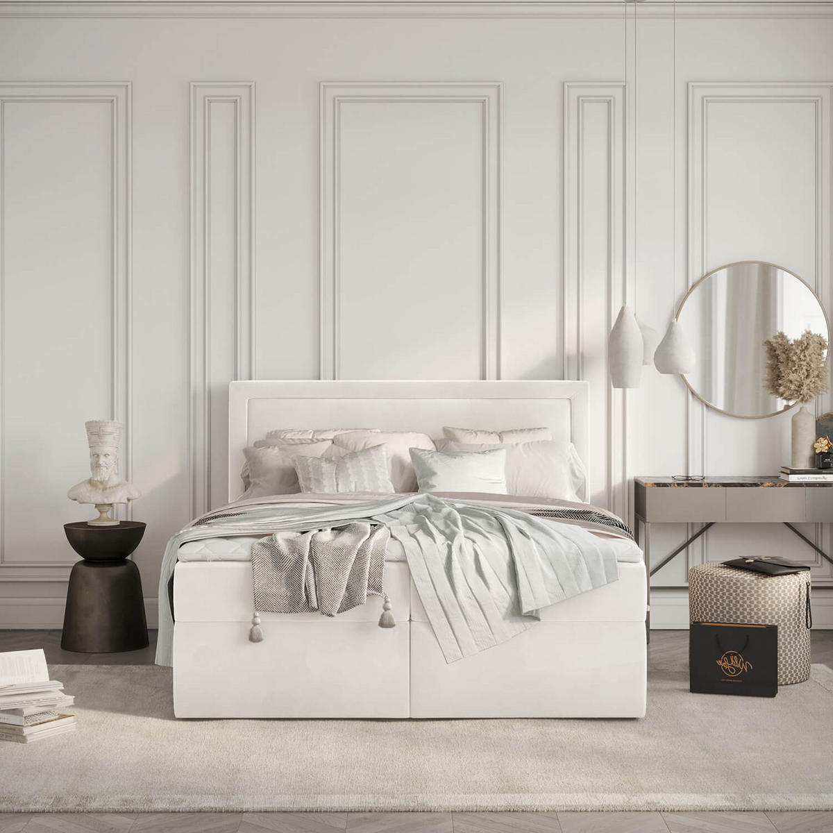 BOXBETT Jodan 140/200 cm Creme im Magic Velvet Stoff - Creme/Schwarz, Holz/Holzwerkstoff (140/200cm) - AltaBeds