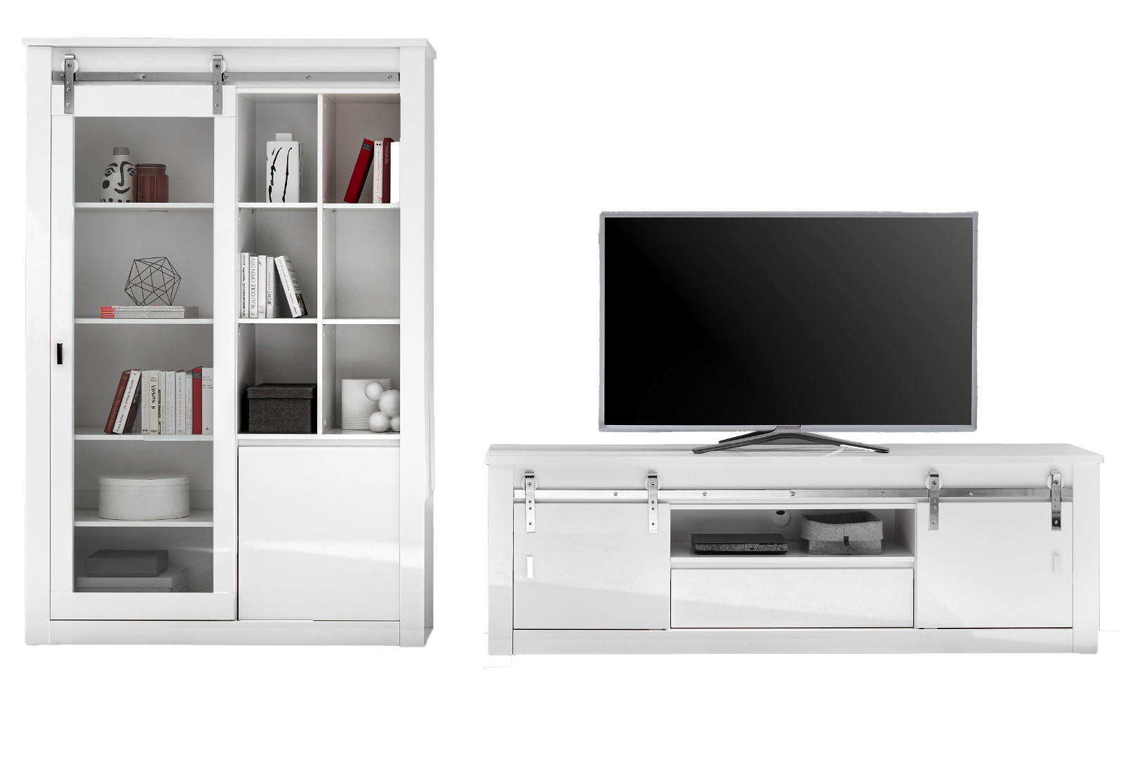 WOHNWAND weiß Hochglanz 2-teilig 349 x 201 cm, Wohnkombination inklusive LED-Beleuchtung, Soft-Close - Chromfarben/Weiß Hochglanz, Glas/Holzwerkstoff (349/201/43cm) - Furn.Design