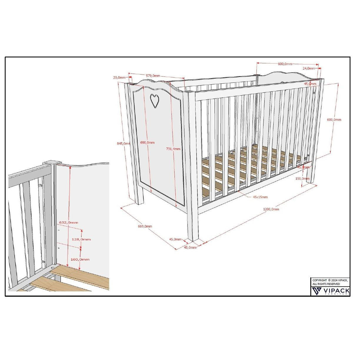 BABYZIMMER SET Kamila 4tlg Weiß Bett Kommode Schrank - Weiß, Holz (57/191/110cm) - 58aufmkessel