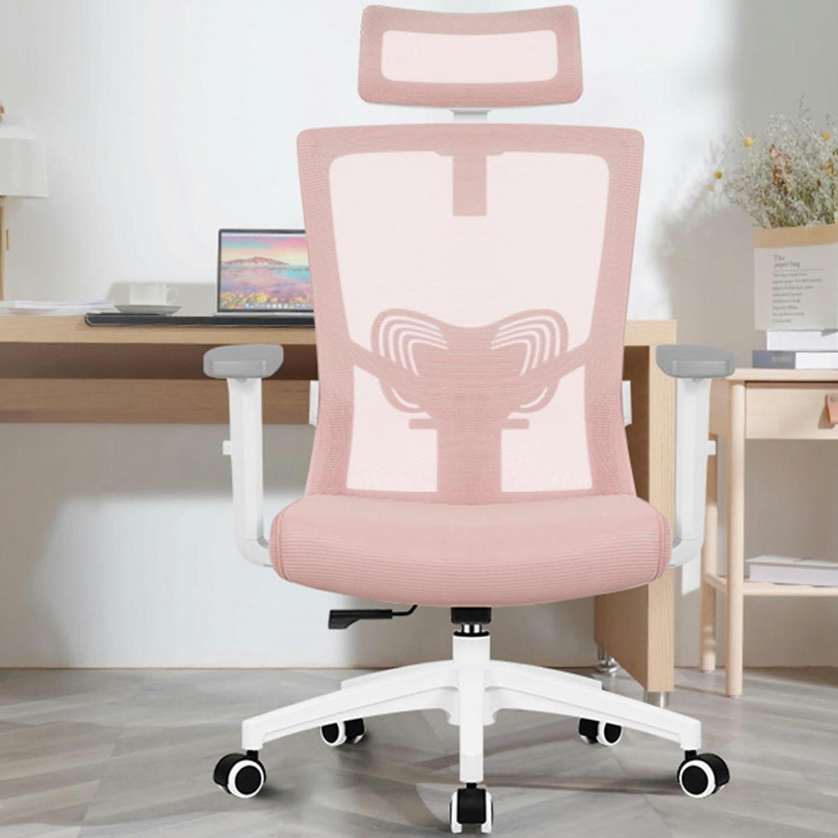 BÜROSTUHL Ergonomisch mit Kopfstütze und Lendenwirbelstütze Rosa - Rosa, Textil (70/128/70cm)