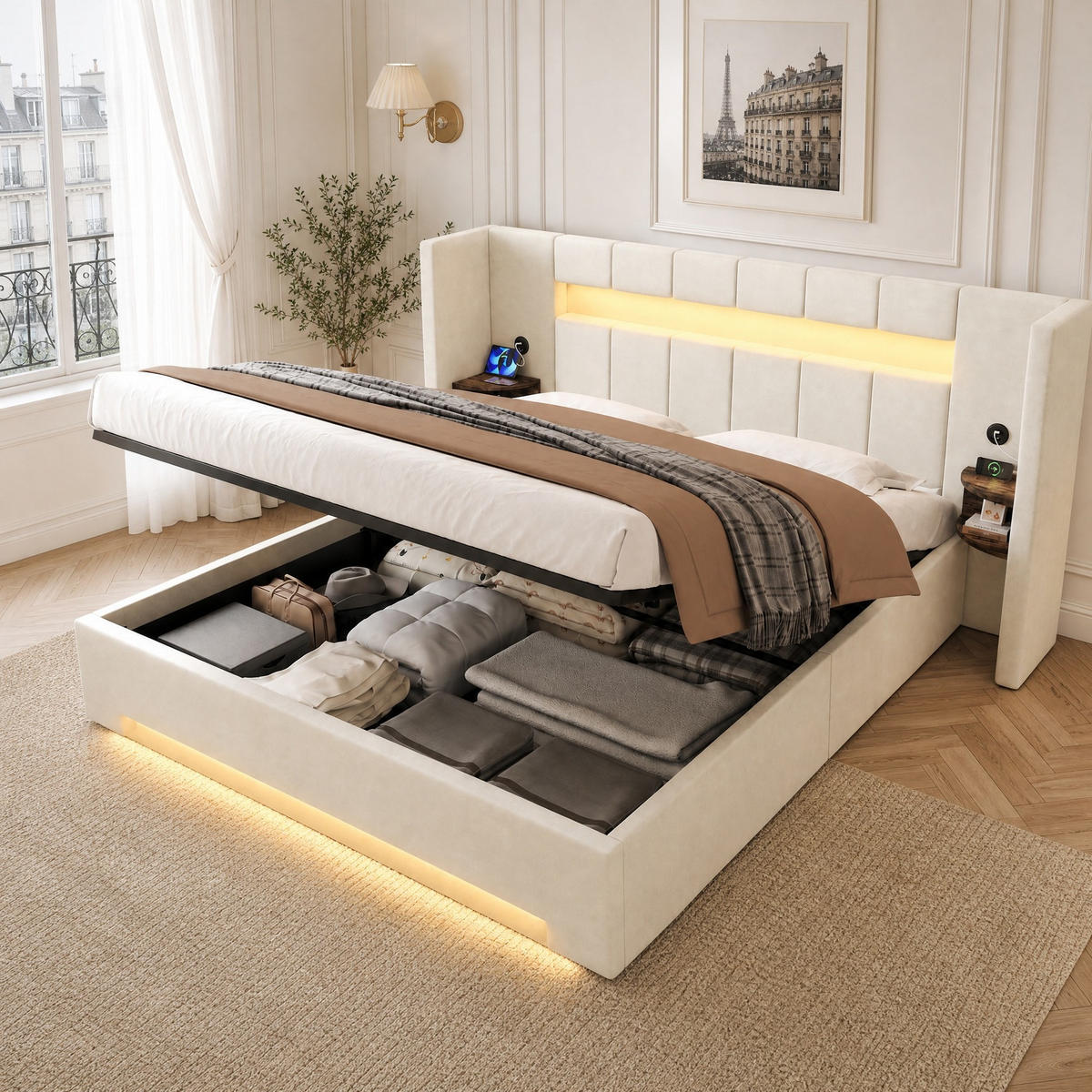 POLSTERBETT 180/200 mit breitem Kopfteil, Schränken und hydraulischem Stauraum - Beige, Holzwerkstoff/Textil (180/200cm) - EVRYAE