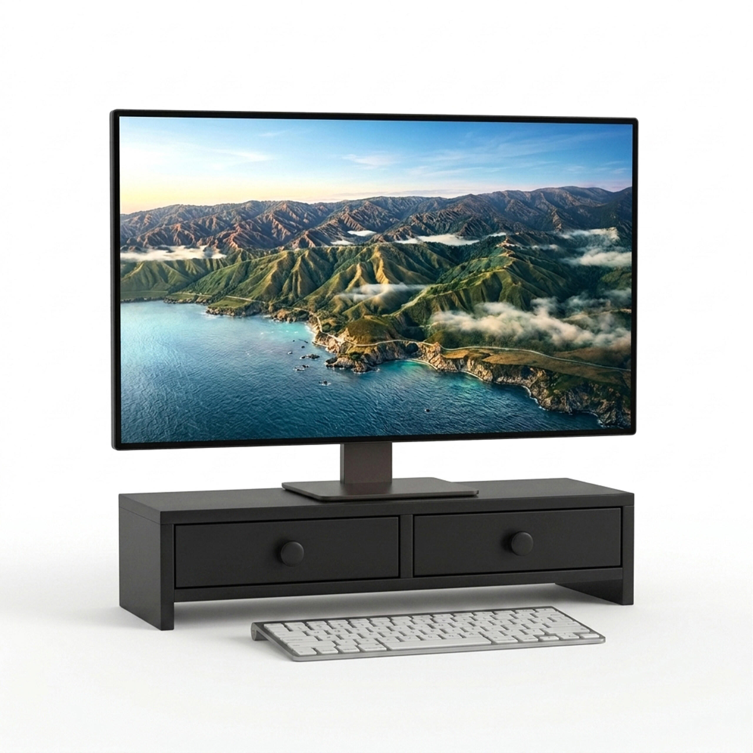 MONITORSTÄNDER Schwarz MDF 2 Schubladen 47x18x12,5 cm - Schwarz, Holzwerkstoff (18/47/12.5cm) - Relaxdays