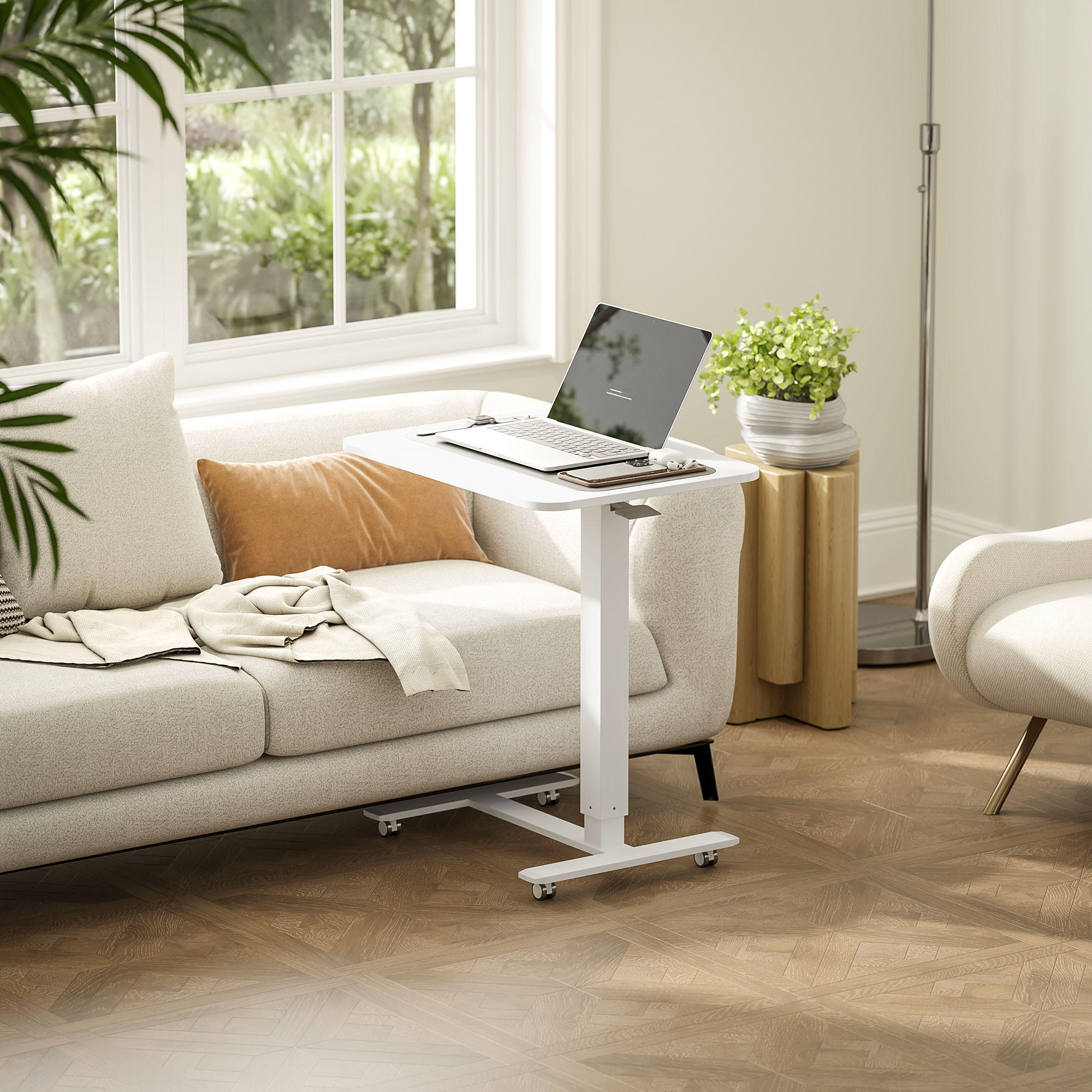 HÖHENVERSTELLBAR Steh-Sitz C-förmig Schreibtisch für Arbeitszimmer Weiß - Weiß, Holz (65/48/110cm) - HOMCOM