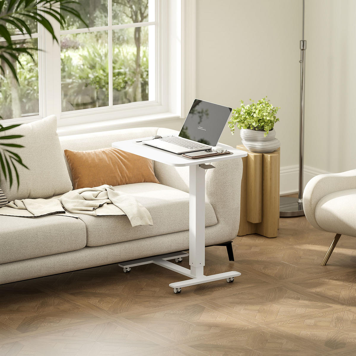 HÖHENVERSTELLBAR Steh-Sitz C-förmig Schreibtisch für Arbeitszimmer Weiß - Weiß, Holz (65/48/110cm) - HOMCOM