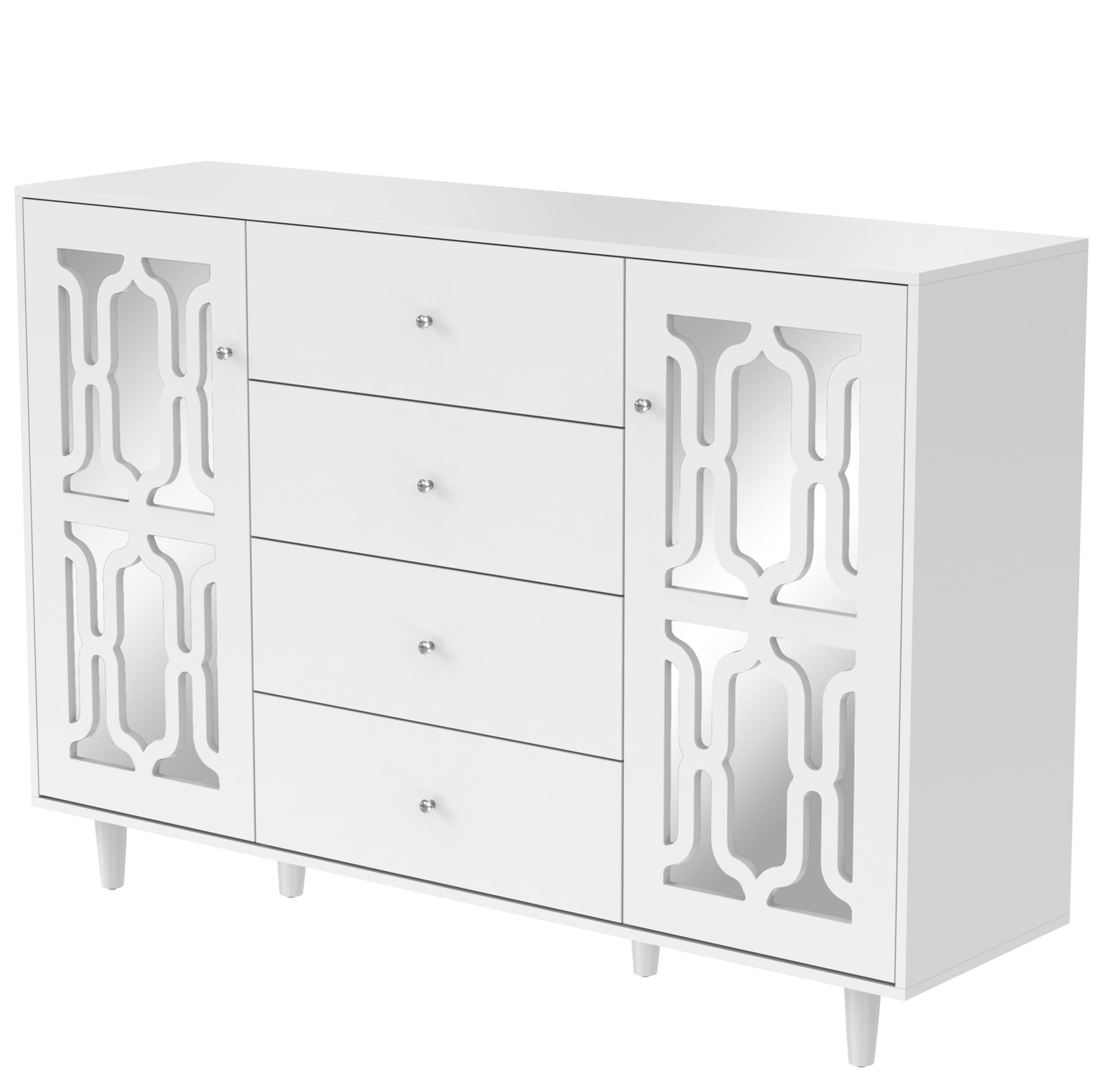 SIDEBOARD mit weißer Spiegeloberfläche und Kristallgriffen, 4 Schubladen und 2 Türen, 147/40/102 cm, Weiß - Weiß, Holzwerkstoff (147/102/40cm) - Redom