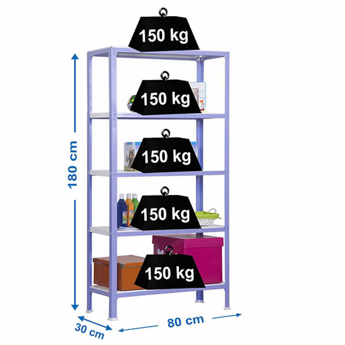 WOHNREGAL LIVING KOALA METAL mit 5 Fachböden | HxBxT 180x80x30cm | Fachlast 150kg | Lila/Weiß - Lila, Metall (80/180/30cm) - PROREGAL