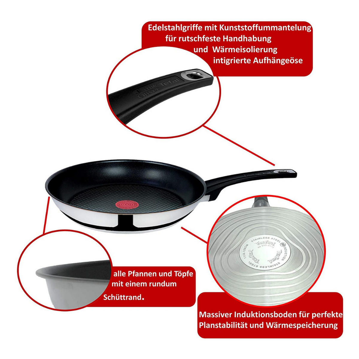 PFANNENSET Jamie Oliver 5-tlg 20+26+28 cm Edelstahl Antihaft Induktion - Silberfarben/Schwarz, Metall - Tefal