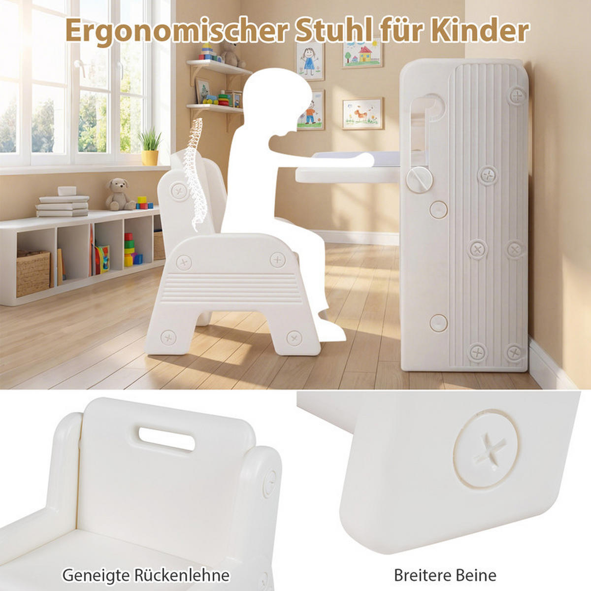 KINDERTISCH-STUHL-SET mit Bücherregal beige(2-tlg) - Beige, Kunststoff (135/68/51cm) - COSTWAY