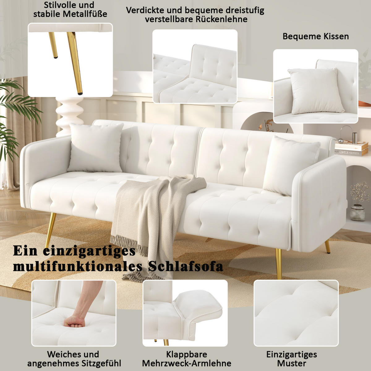 SOFABETT 2-in-1 215 x 81,5 cm Velours Ancient White - Weiß, Kunststoff (178/70/82cm) - Meubliv