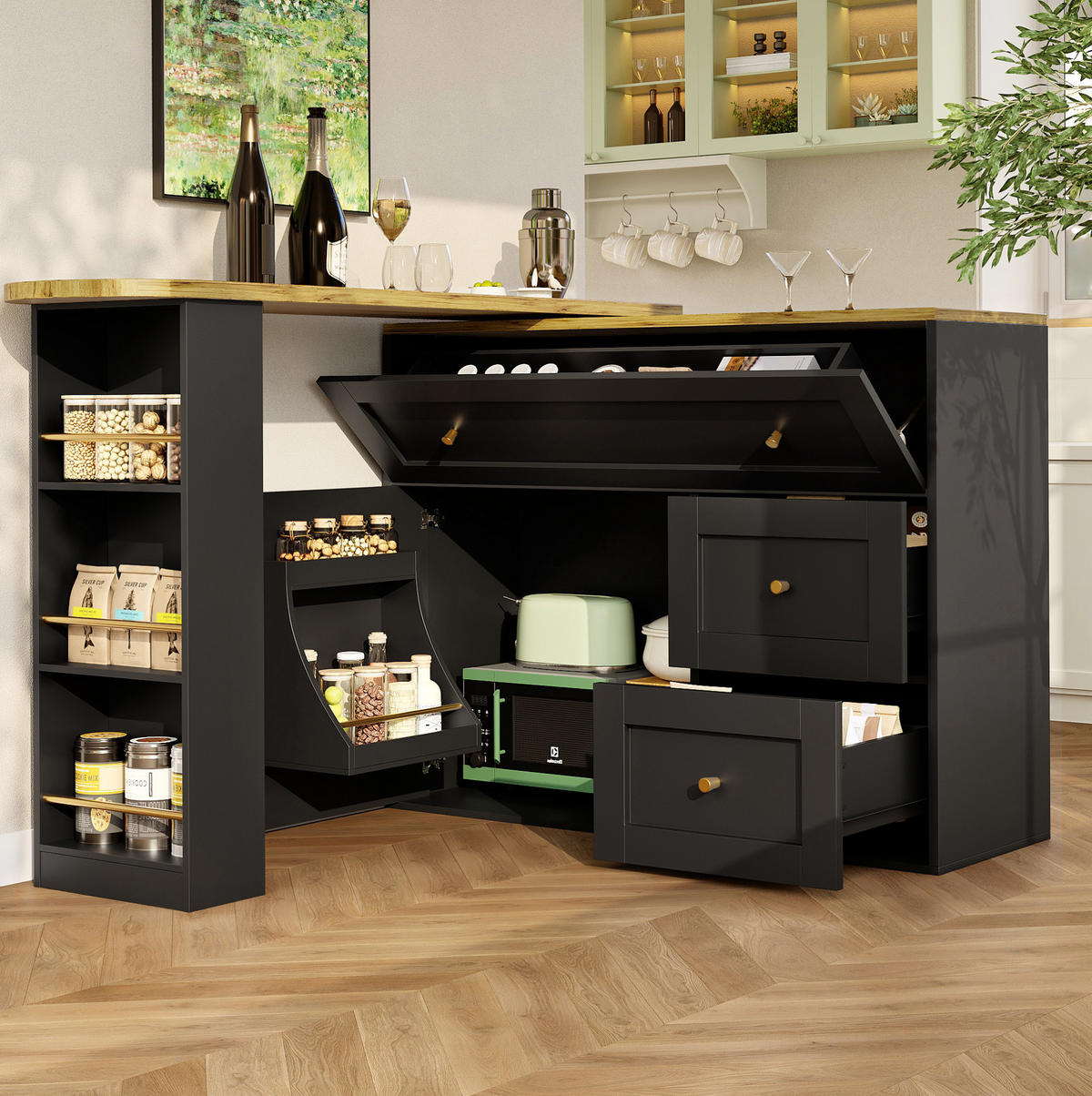 BAROVÝ stůl 138-204/39/105 cm s úložným prostorem, otočnou deskou 360° a sklápěcími prvky z MDF a kovu, Černá - černá, kompozitní dřevo (39/105/138cm) - Redom
