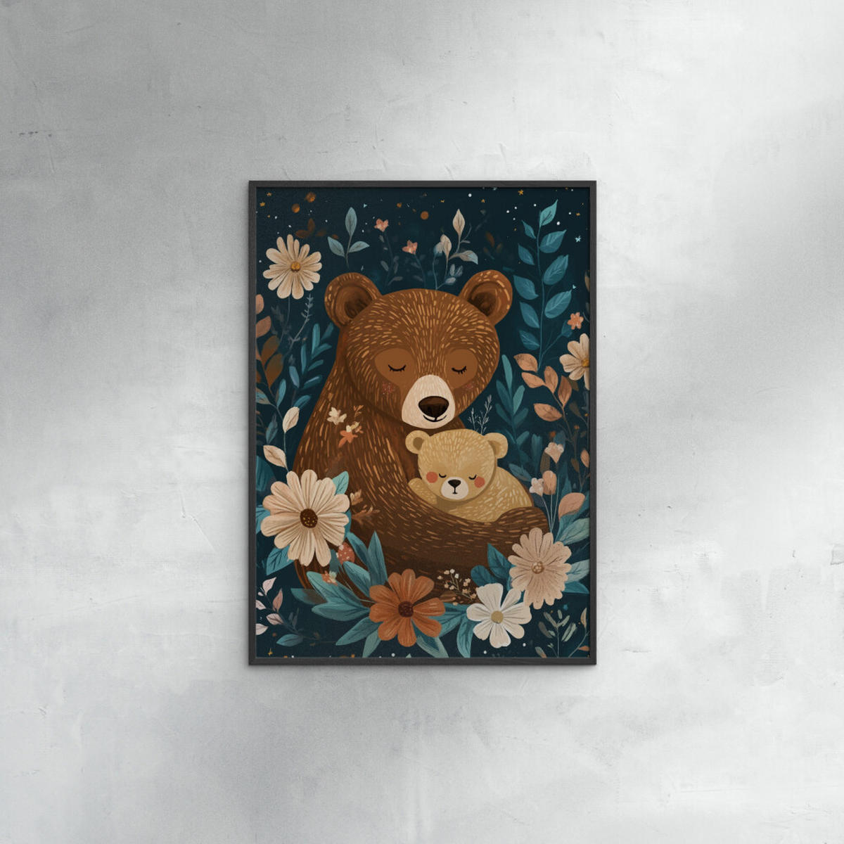 POSTER mit Rahmen Affordable Art Prints x Andreas Magnusson - Mama Bear with Cub - Blau/Schwarz, Holz/Papier (50/70cm) - Poster&Frame