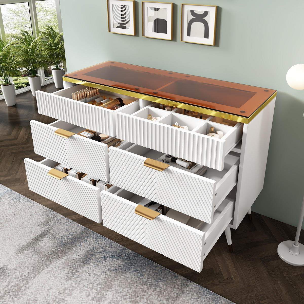 SIDEBOARD Kommode Glas MDF Metall 6 Schubladen 3D Muster Saugnäpfe Kippschutz - Weiß, Holzwerkstoff/Metall (120/76/40cm) - EVRYAE