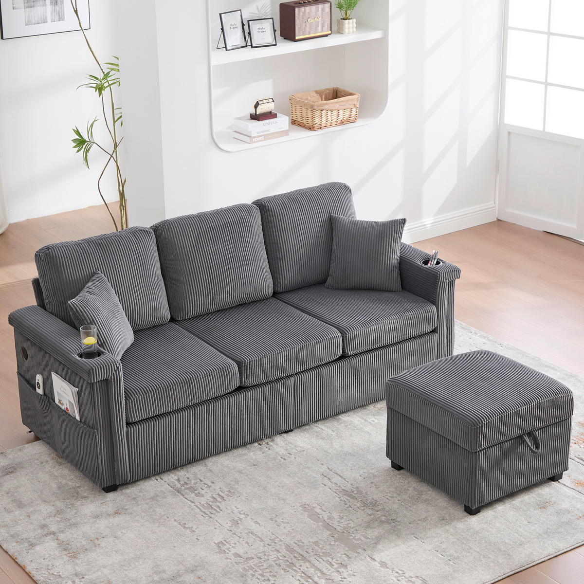 ECKSOFA 194/73/81 cm Dunkelgrau mit LED-Beleuchtung, Stauraum-Fußteil, 2 Schubladen, Getränkehaltern und Seitentaschen - Dunkelgrau, Textil (194/73cm) - Oxeza