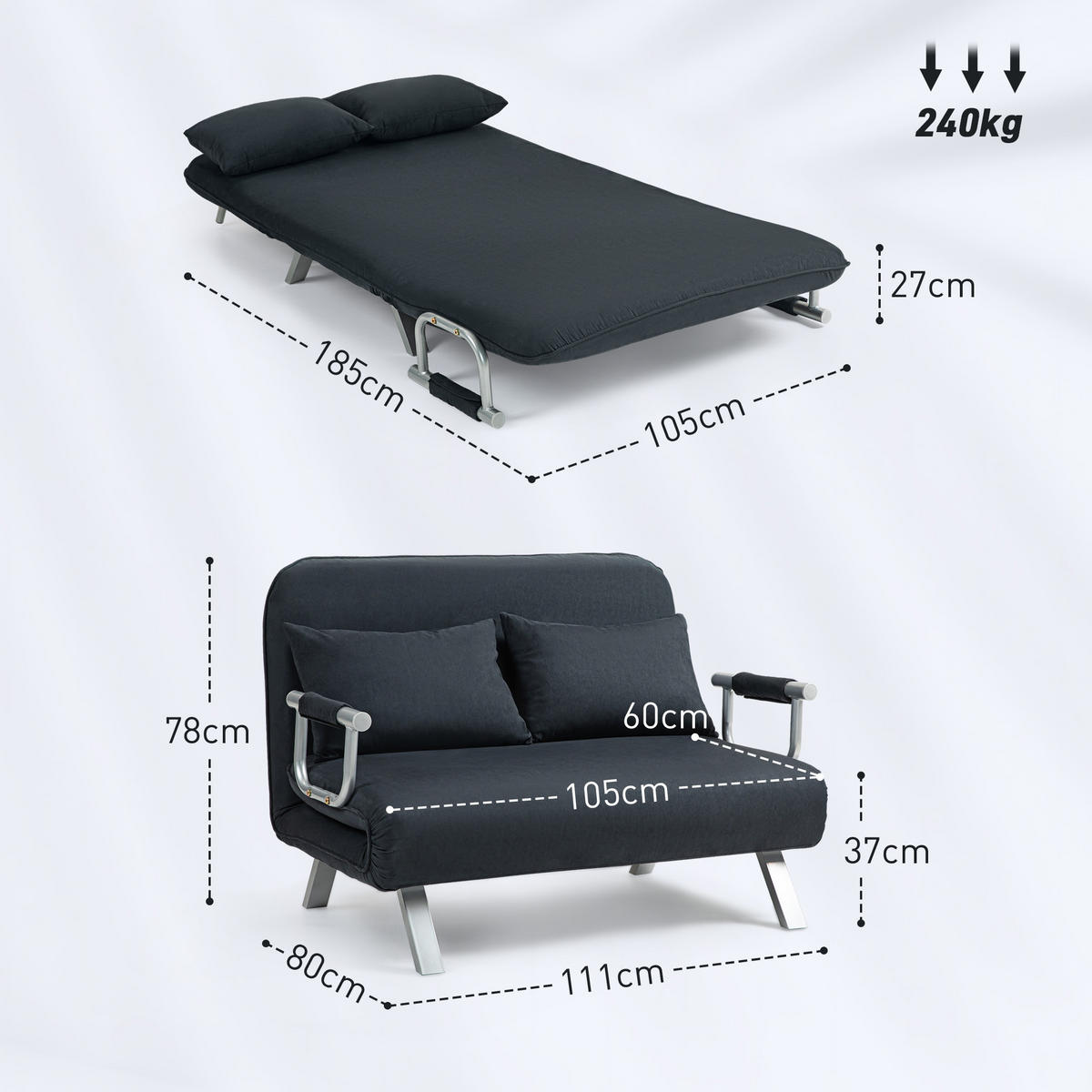2-SITZER Sofa Schwarz 111.0/80.0/78.0 cm - Schwarz, Textil (80/78/111cm)