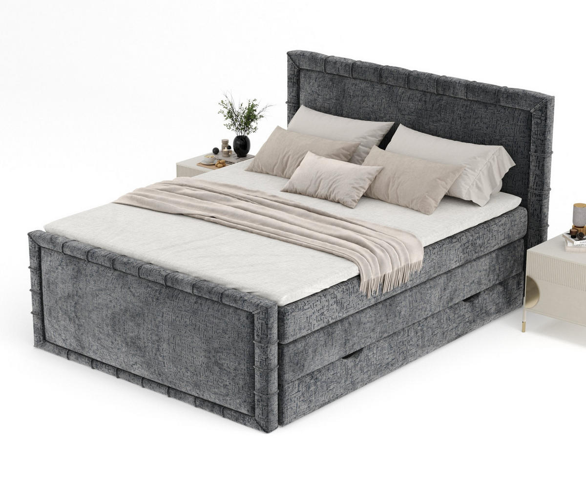 BOXBETT Estelle Dunkelgrau 180/200 cm im Chenille-Stoff - Dunkelgrau/Schwarz, Holz/Holzwerkstoff (180/200cm) - Maison de Reve