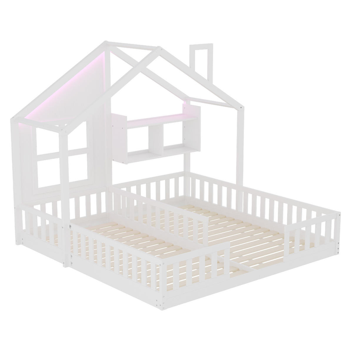 KINDERBETT 90/200 cm aus Holzwerkstoff mit LED-Beleuchtung, Hausdesign, Sicherheitsgitter und Ablagen, Weiß - Weiß, Holzwerkstoff (90/200cm) - Redom