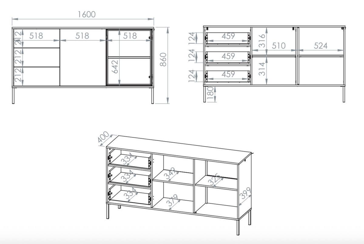 SIDEBOARD Barnee Kaschmir 160 cm - Taupe/Schwarz, Holzwerkstoff/Metall (160/86/40cm) - Selsey