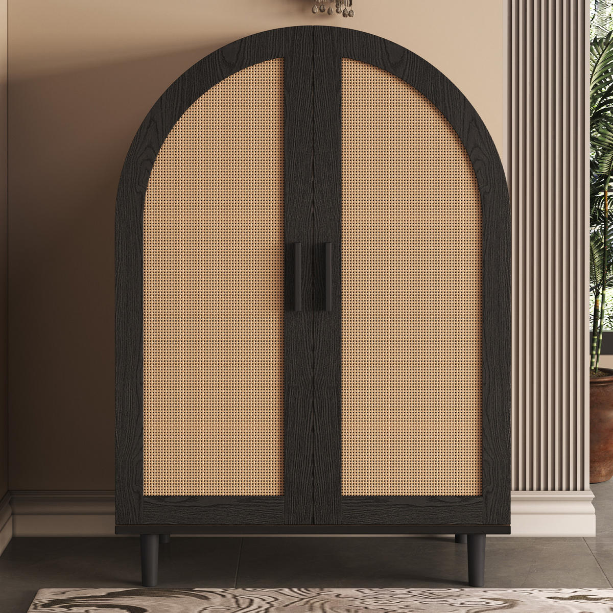 SCHUHSCHRANK Sideboard Schwarz Holzoptik 70x40x100 cm mit Rattantüren - Naturfarben, Holz (70/100/40cm) - PARAFTA HOME