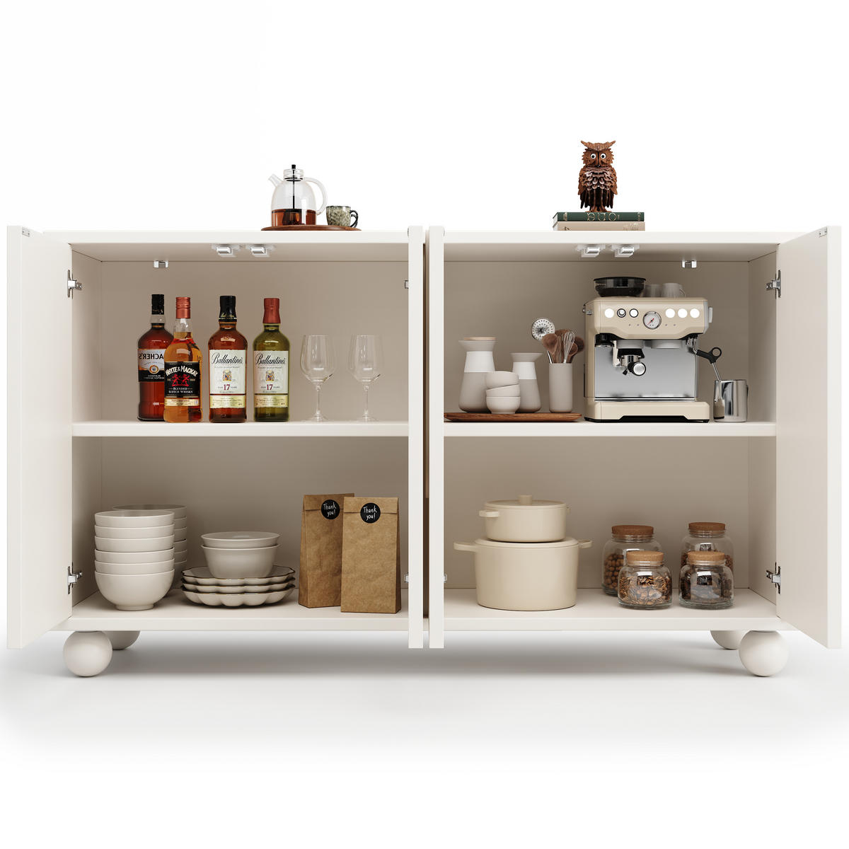 KÜCHENBUFFET mit Glaselementen und verstellbaren Einlegeböden, 120 x 35 x 71 cm, Weiß, MDF und Metall - Weiß, Holzwerkstoff (120/71/35cm) - SONNENH