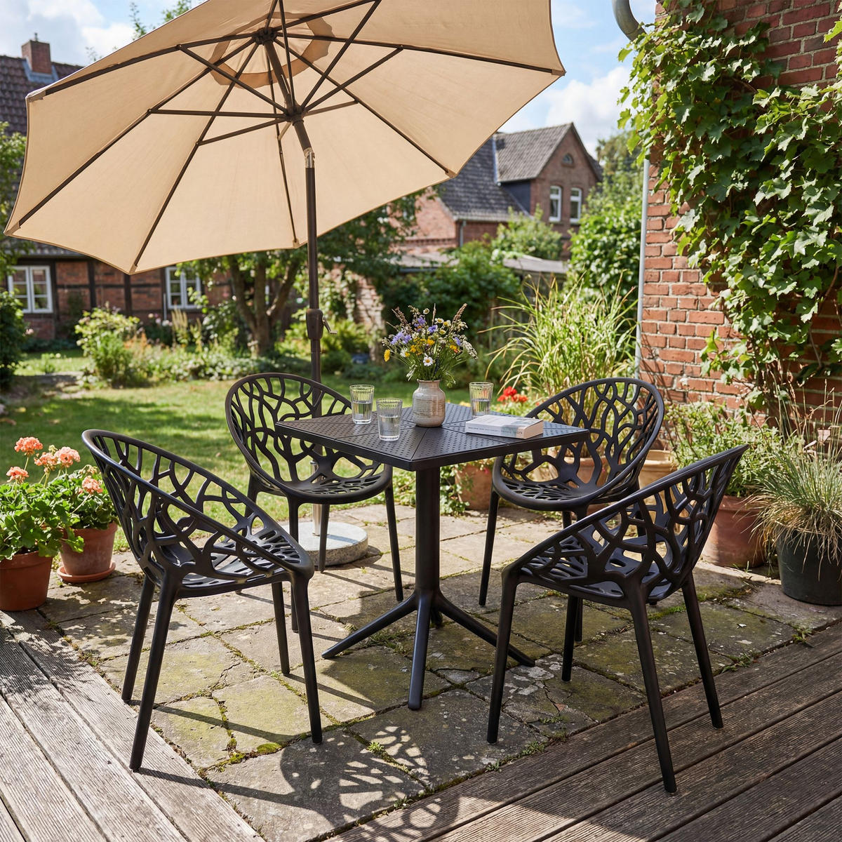 GARTENMÖBEL-SET Sofia 4 Stühle 180x180x80cm Kunststoff Schwarz Balkonset - Schwarz, Kunststoff - DELUKE