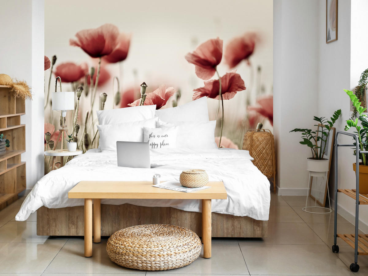 FOTOTAPETE für Wohnzimmer Zarte Mohn Blumen Wiese Rot 250x175 - Beige/Rot, Papier (250/175cm) - Muralo