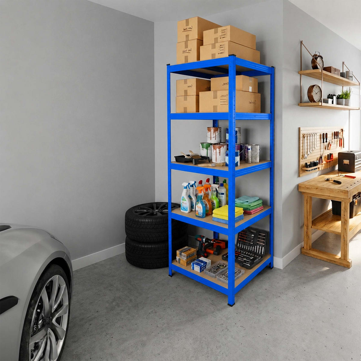 SCHWERLASTREGAL Blau 5 Böden Stahl MDF 200x80x60 cm - Multicolor, Holzwerkstoff/Kunststoff (80/200/60cm) - Relaxdays