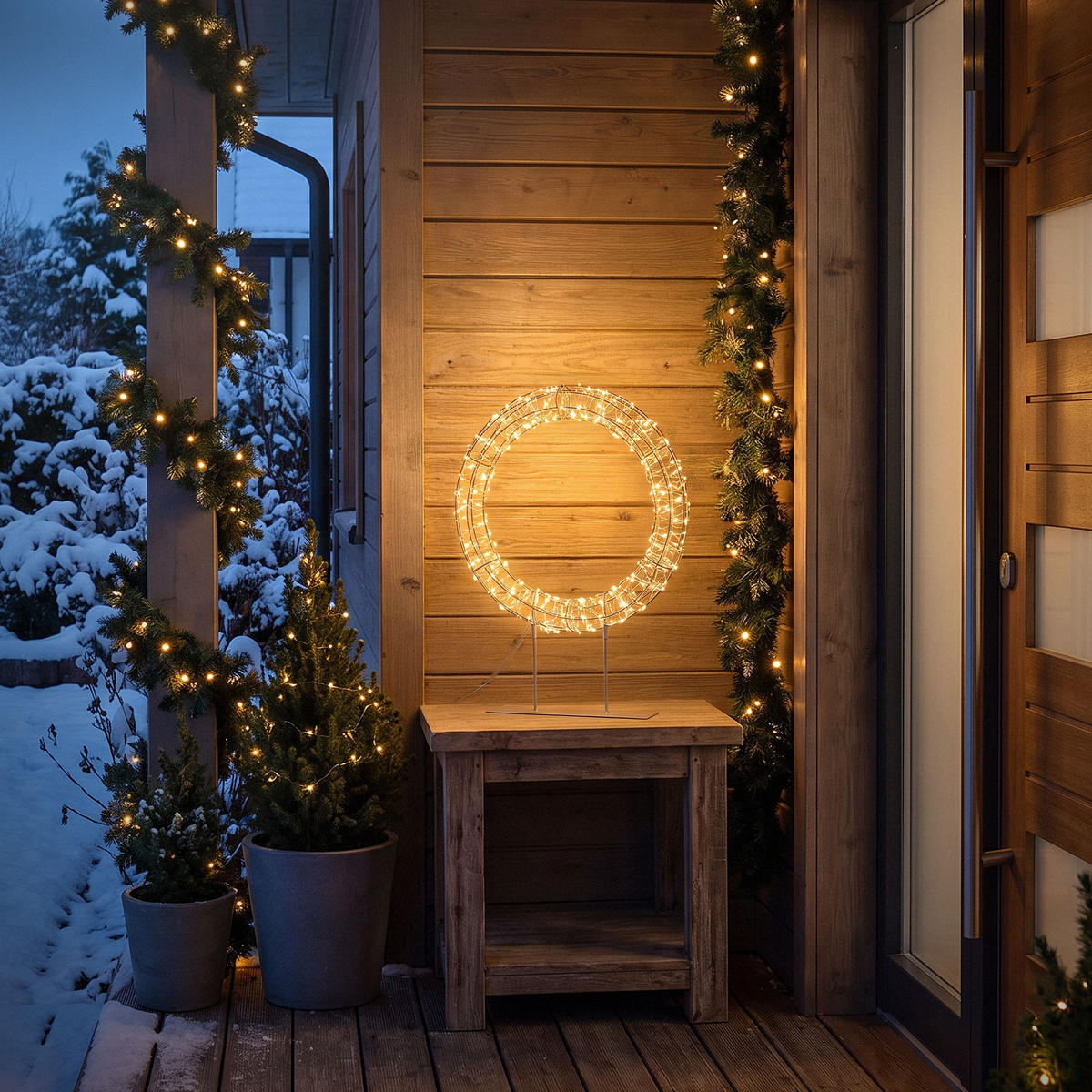 LED VÁNOČNÍ VĚNEC 41,5 cm s podstavcem, vánoční dekorace s řetězem světel 200 LED, teplá bílá - béžová, kov (28/41.5/7cm) - ECD-Germany
