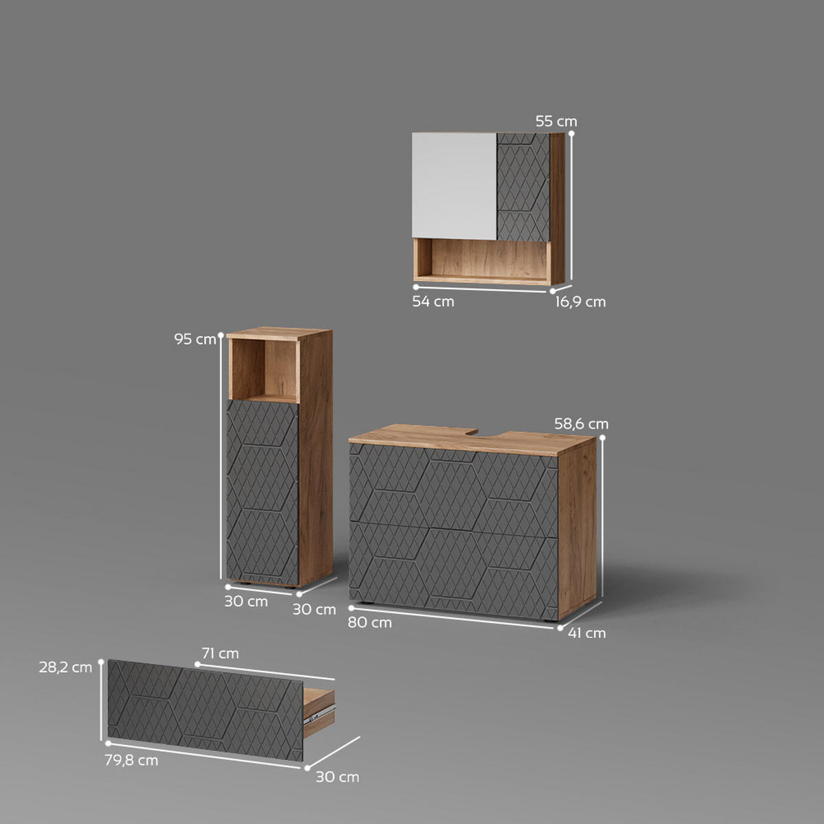 BADMÖBEL-SET Ronco Anthrazit gestreift 3 Teile, mit Midischrank - Anthrazit/Eiche Wotan, Holzwerkstoff (80/58/41cm) - Livinity®