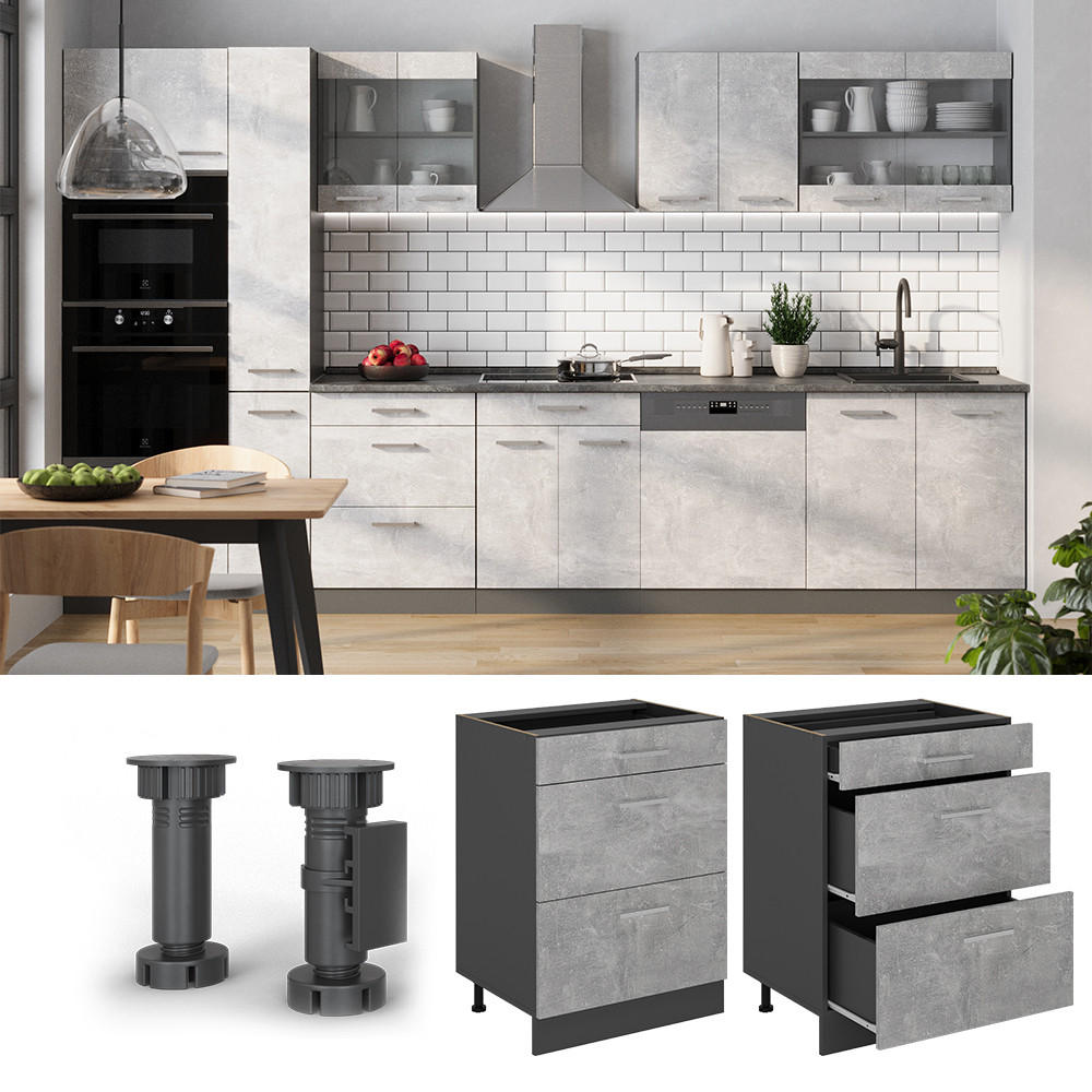 KÜCHENUNTERSCHRANK R-Line Beton 60 cm mit Schubladen, AP Anthrazit - Schieferfarben/Anthrazit, Holzwerkstoff (60/81.6/60cm) - Vicco