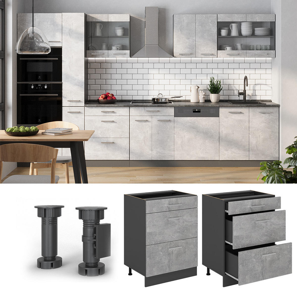 KÜCHENUNTERSCHRANK R-Line Beton 60 cm mit Schubladen, AP Anthrazit - Schieferfarben/Anthrazit, Holzwerkstoff (60/81.6/60cm) - Vicco