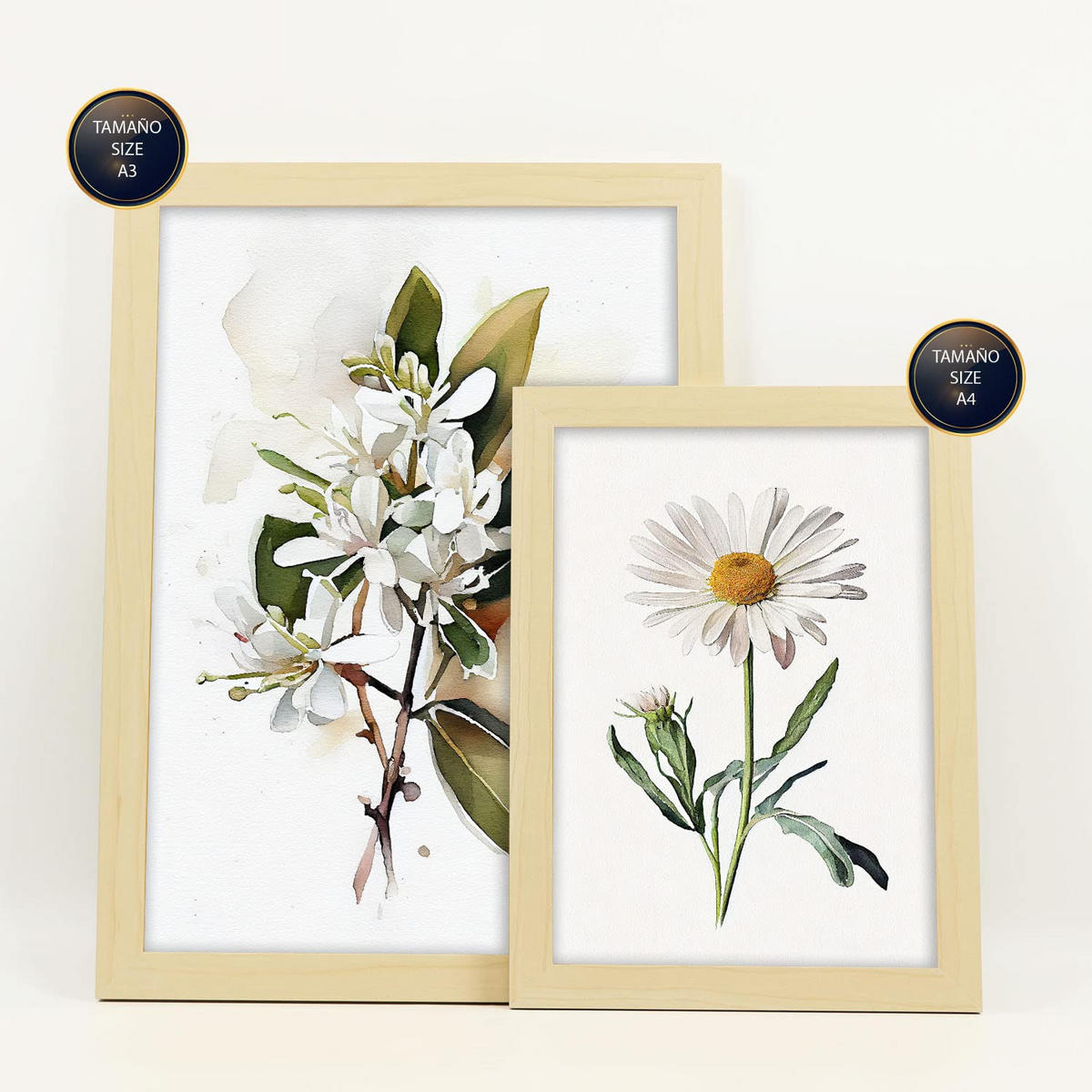 POSTER Set Mit 6 Weiße Blumen Vollfarbige Natur Und Botanikdrucke Mit Blumenmotiven Auf Reinweißen Hintergründen A3 & A4 Rahmen Aus Hellem Holz - Beige, Papier (29/3cm) - Nacnic